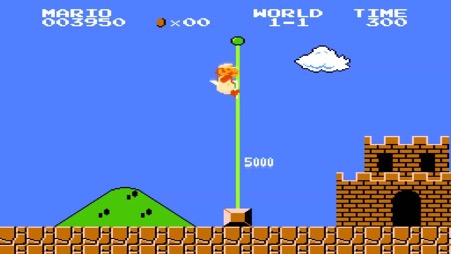 Super Mario Bros, end of 1-1 with various UI
elements